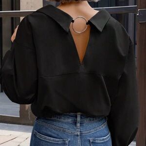 Black Ring-Back V-Neck Long-Sleeve Women's Top